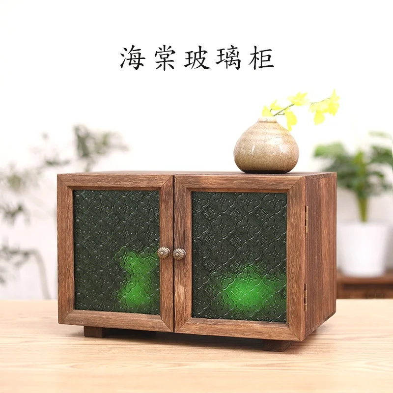 

Retro Simple Locker Green Begonia Glass Door Storage Cabinet Solid Wood Desktop Small Cabinet