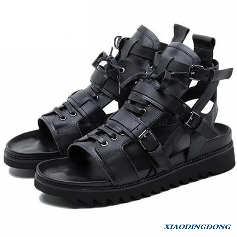 

Summer Men's Sandals Genuine Leather Flats Moccasins High Top Peep Toes Cross-Tied Ankle Buckle Strap Male Casual Shoes Loafers