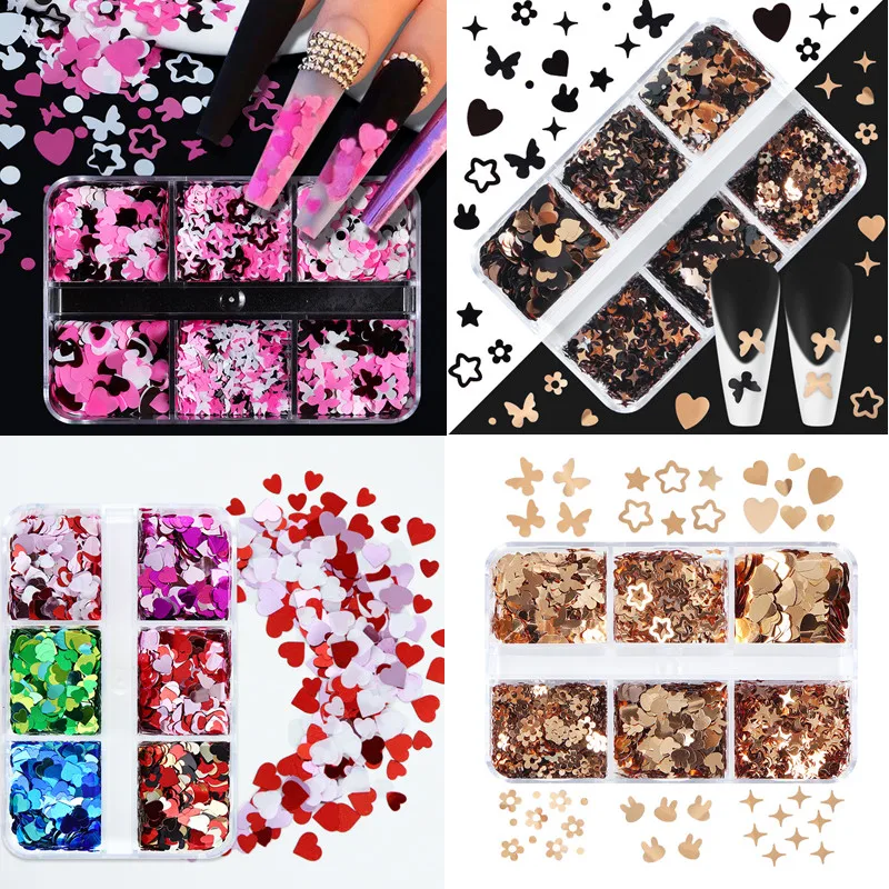 

6 Grids/Box White Love Heart/Butterfly/Flower Glitter Round Nail Art Charm Black Gold Rabbit Manicure Mixed Sequins Nail Decor