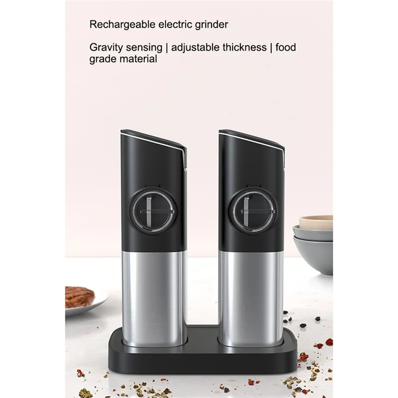 

2Pcs Electric Salt and Pepper Grinder Mill Rechargeable USB Gravity Pepper Mill Adjustable Grind Coarseness Salt Shaker