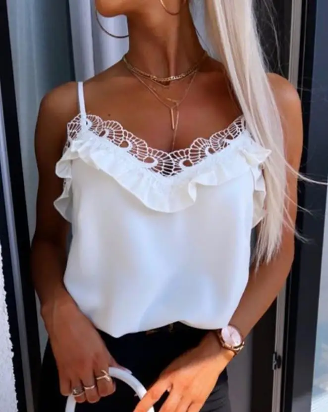 

Sexy Plunge Spaghetti Strap Guipure Lace Frill Hem Cami Top New Fashion 2023 Summer Casual Clothing T-Shirts Pullover Tops