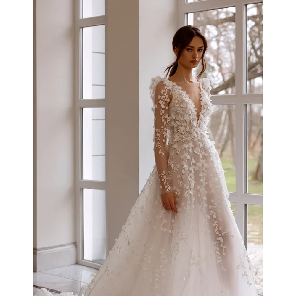 Шикарные белые свадебные платья с 3D цветами Модные v-образным вырезом и