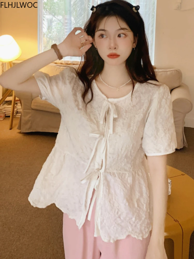 

Cute Sweet Ruffled Peplum Tops Blusas Summer Korean Chic Japan Style Flhjlwoc Preppy Girls Cotton Blends Lace-Up Bow Tie Shirts