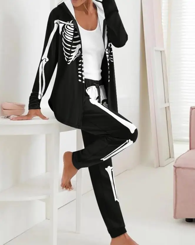 

Tow Piece Set Women Outfit 2023 Autumn Fashion Halloween Long Sleeve Skeleton Print Hooded Y2K Top & Casual Drawstring Pants Set