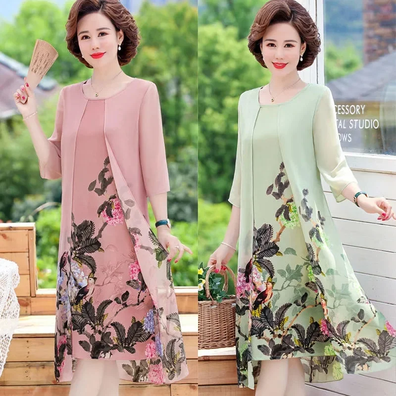 

2022 New Summer Fake Two-Piece Fresh Bright Chiffon Dress Fashionable Generou Suitable For Middle-Aged Mother To Cover The Flesh