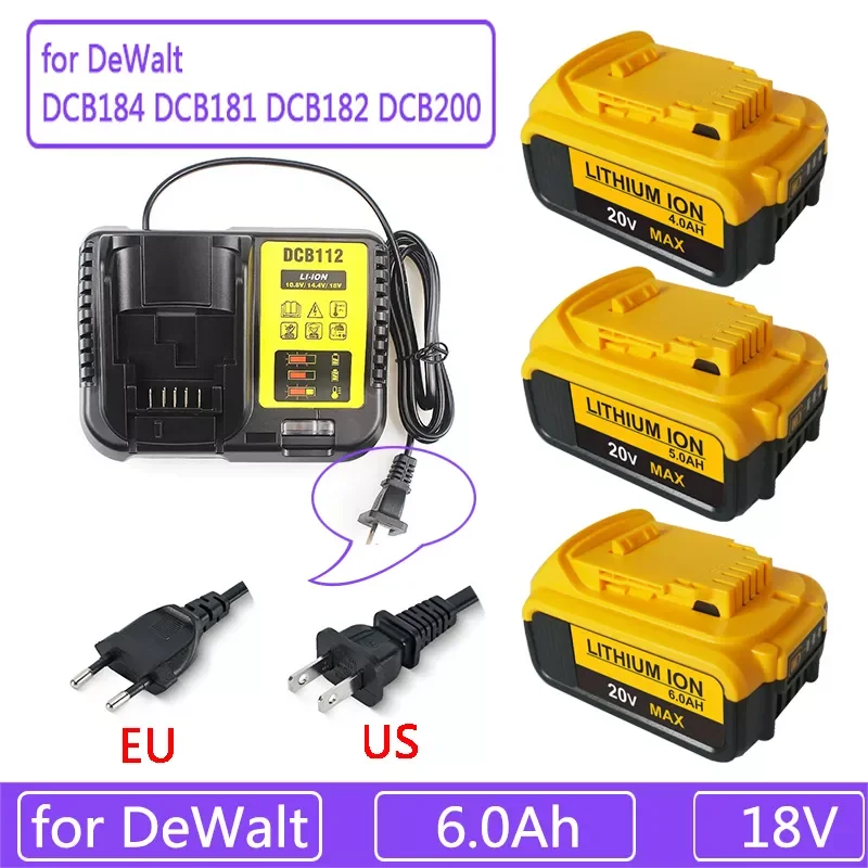 

NEW2023 New 18V 6.0Ah MAX XR 18650 Battery Power Tool Replacement for DeWalt DCB184 DCB181 DCB182 DCB200 20V 6A 18v Battery With