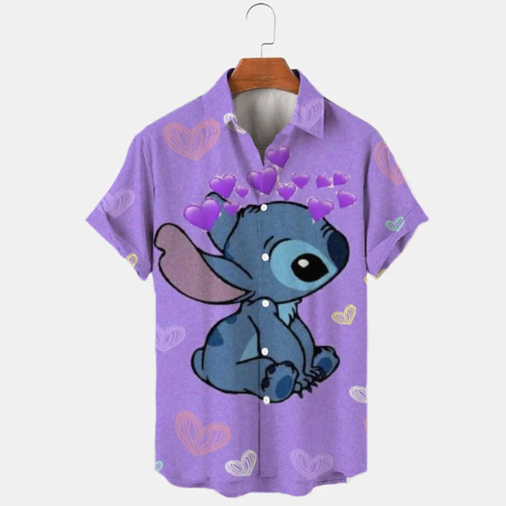 

Summer 2022 New Men's Disney Stitch Pattern T Shirt Cartoon Casual Shirt 3D Printed Short Sleeve Lapel Shirt