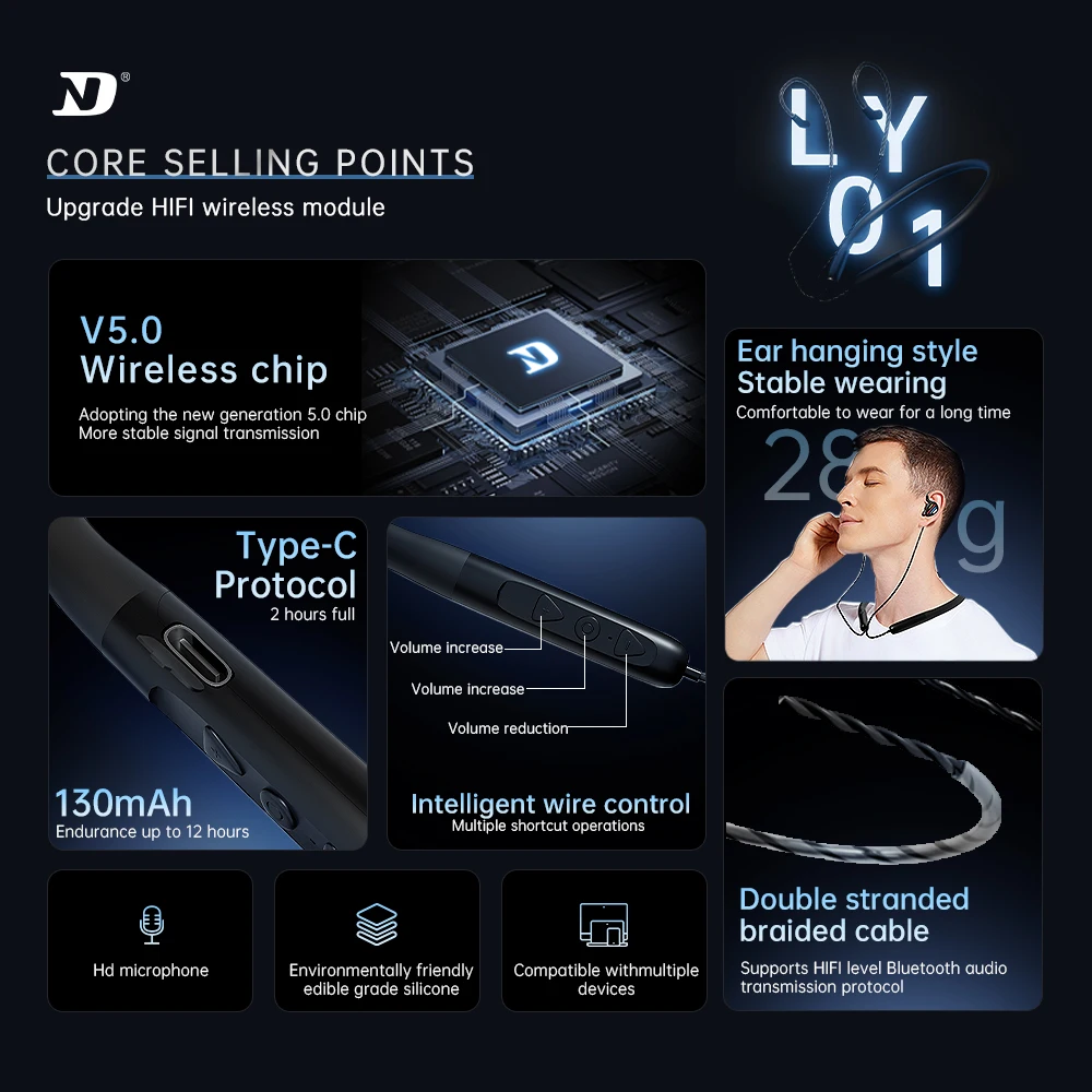 ND LY01 Bluetooth обновление линии шеи Длина Выносливость Спорт Бег K песня 2PIN/0 75/0 78