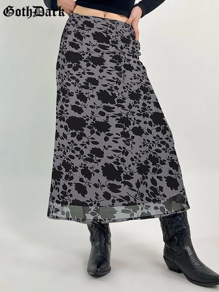 

Goth Dark Mesh Mall Gothic Women Floral Midi Skirts Grunge Style High Waist A-line Long Skirt Streetwear Fashion Alt Bottom 2023