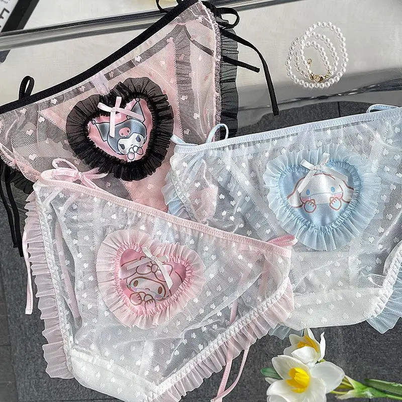 

Anime Sanrios Cartoon Kuromi My Melody Cinnamoroll Lace Underwear Kawaii Sexy Sweet Pure Desire To Tie Transparent Mesh Briefs