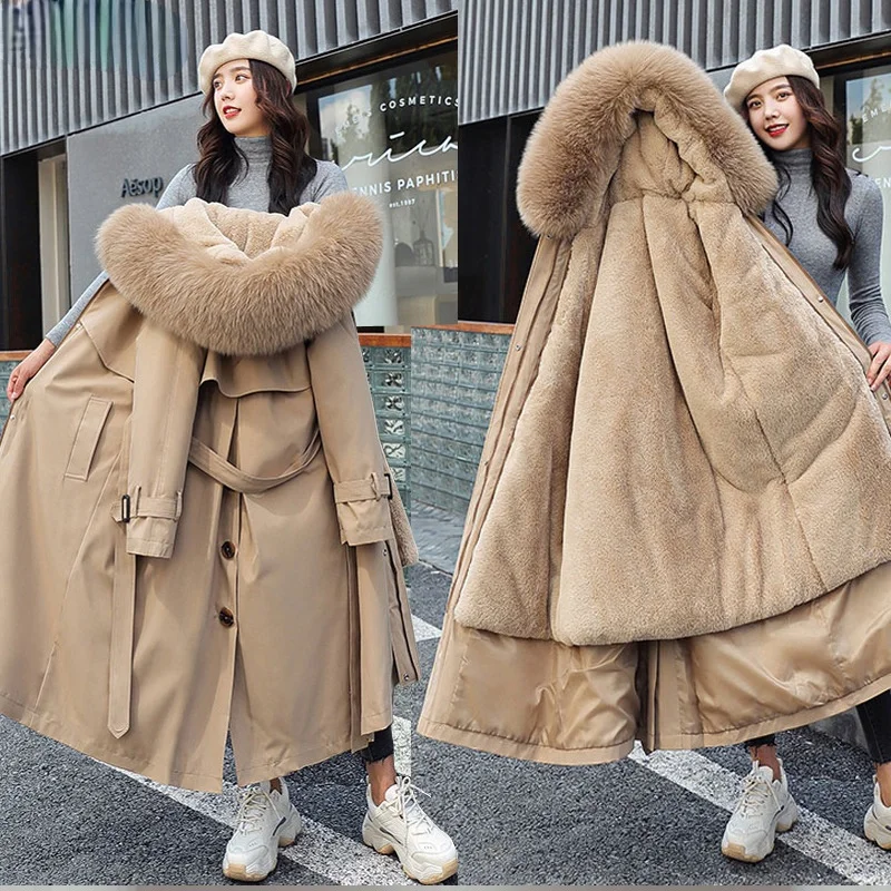 2021 Women's Winter Jacket Hooded Thick Warm Cotton Padded Parkas Woman Wool Liner Distachable Large Coat Three Ways Wear