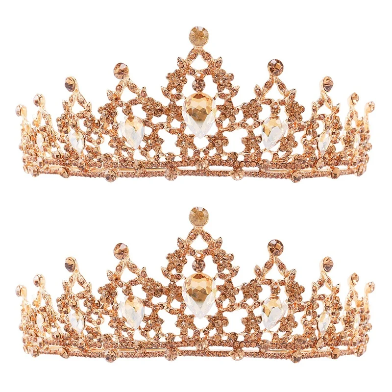 

2X Champagne Gold Crystal Tiara Crown Wedding Bridal Headwear Birthday Prom Pageant