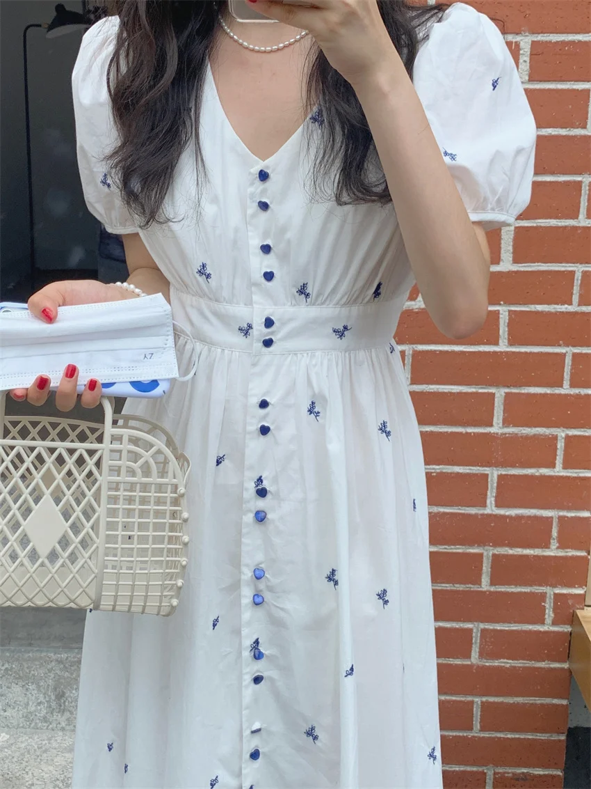

Chic Vintage Summer Embroidery Maxi Dress Hot Slim-Fit Plus Size 2022 High Waist Fashion Short Sleeve Sweet New Mujer OL