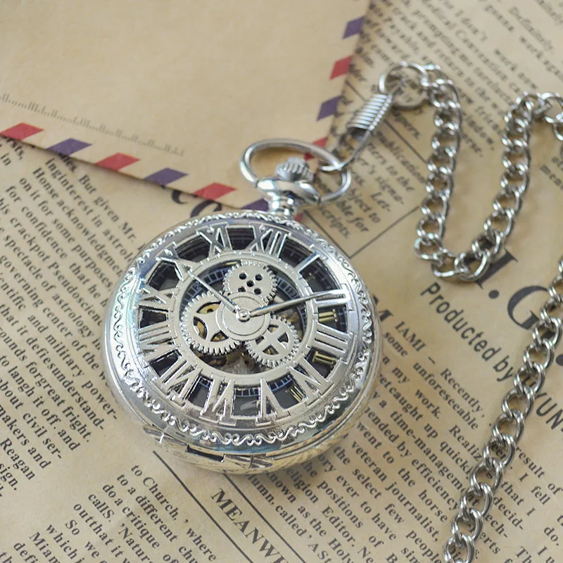 Luxury Steampunk Gear Mechanical Pocket Watch for Men Women Hollow Skeleton Case Roman Numerals Dial Fob Chain Pendant Clock