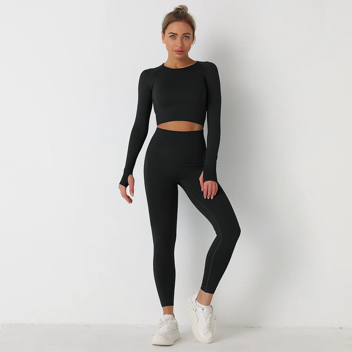Seamless 2 Piece Gym Set Women Long Sleeve Crop Top Yoga Set Fitness Sport Leggings Workout Clothes for Women Tracksuit Outfits
