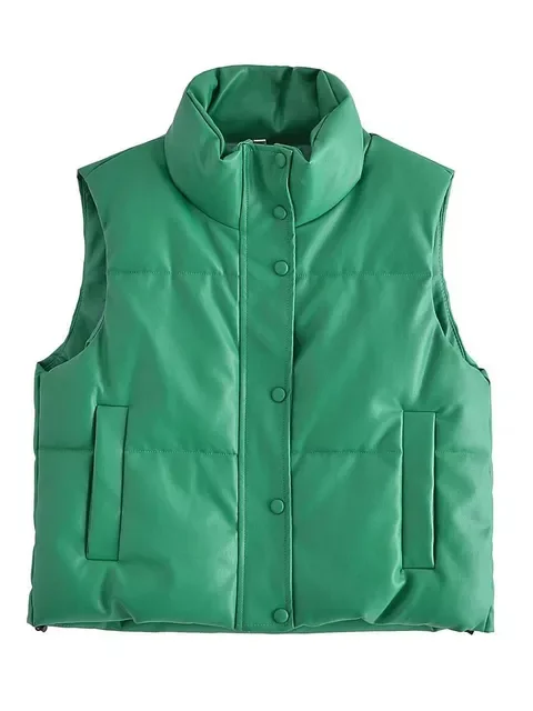 

2022New Puffy Vest Down Vest Black Pu Leather Vest Woman Jacket Coat Autumn Winter Outwear Puffer Vest Female Sleeveless Jacket