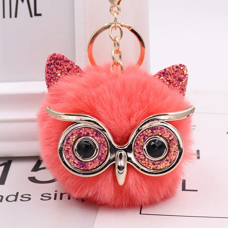 Fashion Color Owl Keychain Simple Zircon Eye Key Ring Car Bag Key Soft Hair Ball Pendant Key Chain Jewelry Accessories for Women images - 6