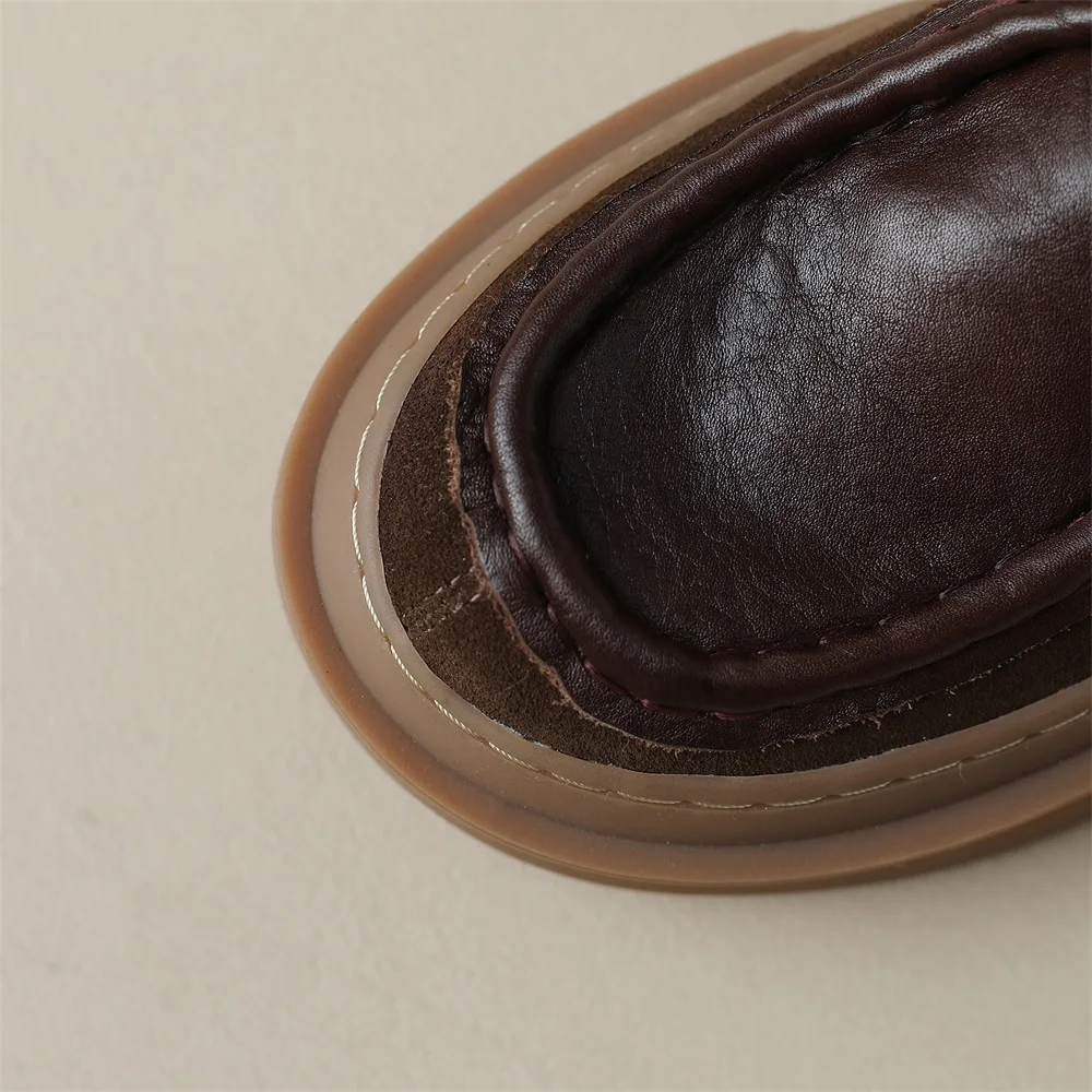Kanseet Genuine Leather Women Shoes Spring New Round Toe Causal Platform Loafers Handmade Thick High Heel Lady Footwear 40 Brown