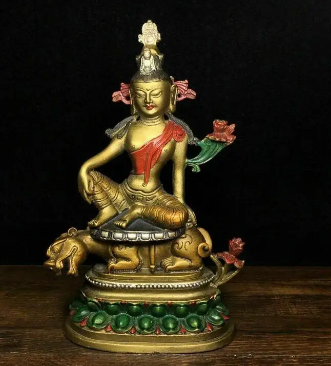 

8" old temple tibet Buddhism dynasty bronze gilt Color painting Buddha statue