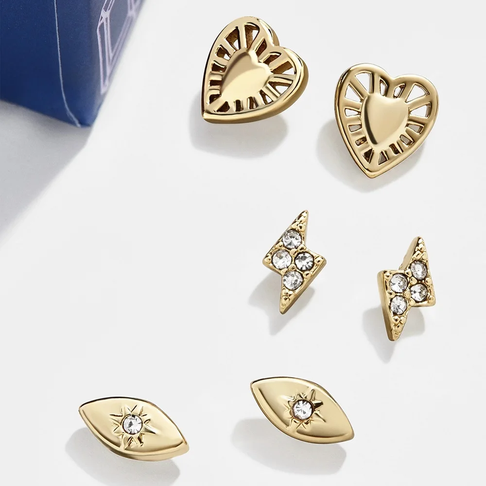 

3Pcs/Set Gold Color Stud Earring Vintage Simple Cartilage Piercing Studs Heart Lightning Eye Shaped Studs Women Ear Stud Jewelry