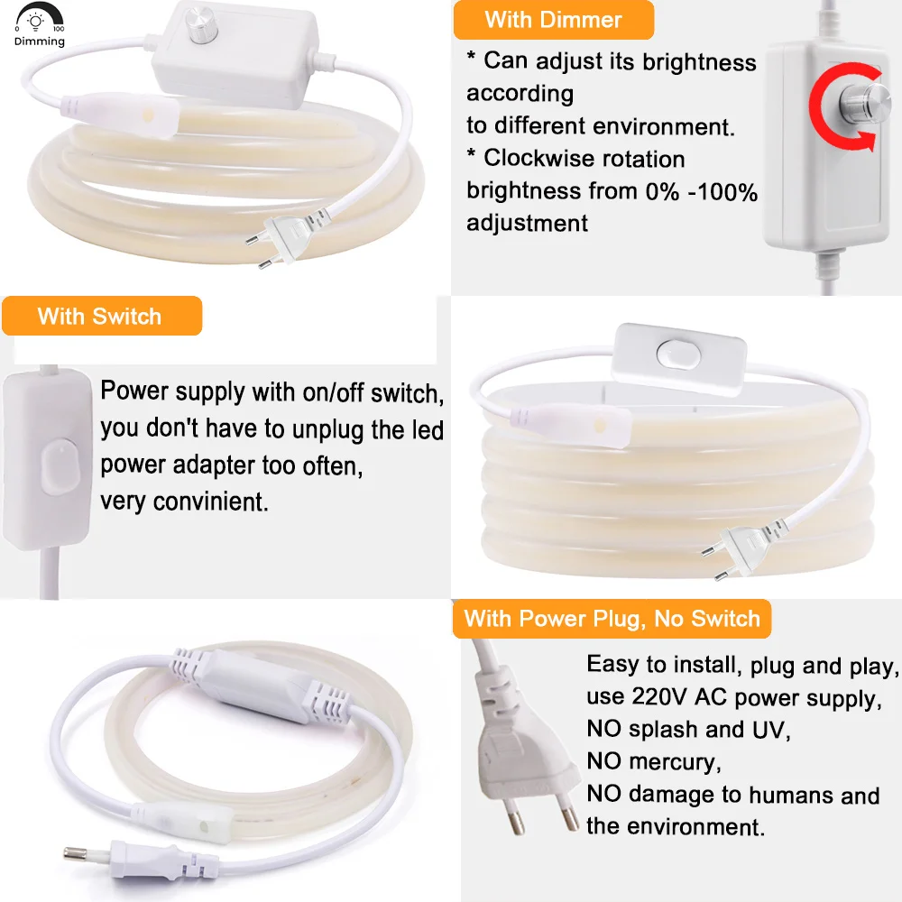220 В COB светодиодная лента с регулируемой яркостью диммер вилка европейского