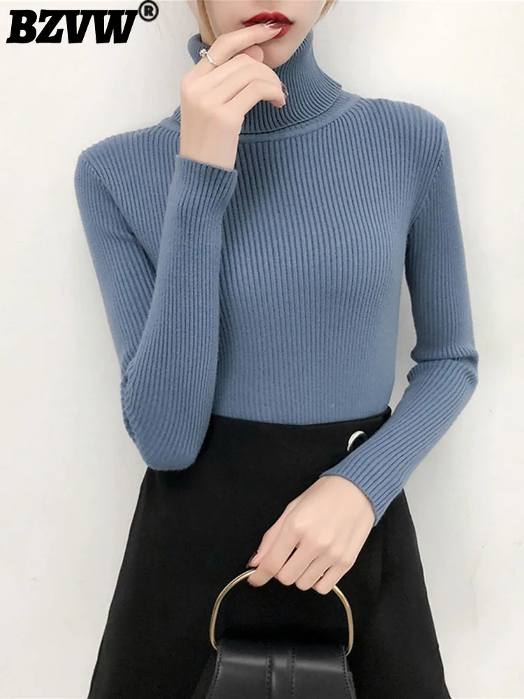 

BZVW Women's 2023 Autumn Winter New Slim Pullover Sweater Women Long Sleeve Mock Neck Solid Color Versatile Knit Top Female