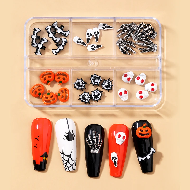 

3D Nail Halloween Decoration Skull Pumpkin Bone Clown Alloy Nail Charms Vintage punk Skeleton Hand Nail Art Jewelry DIY design