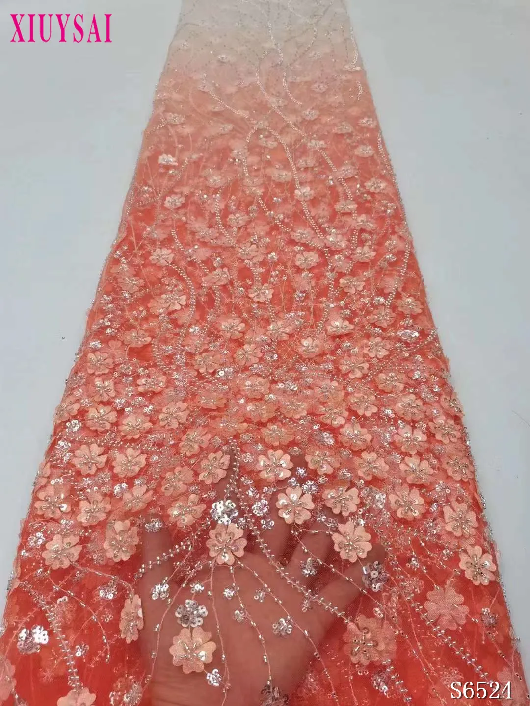 

2023 Latest African Net Lace With Sequins French Tulle Lace Orange Blue African Lace Fabric 5Yard Nigerian Lace Fabric For Dress