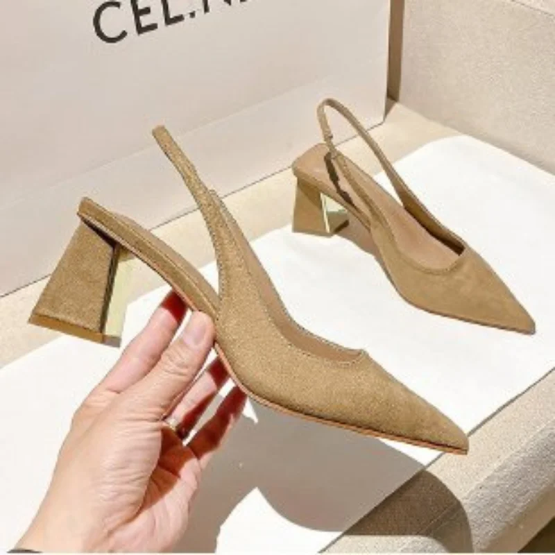 

Pointed Toe Sandals Female Fairy Style Summer2022new All-match Medium Heel Buckle Thick Heel Temperament Women Shoes High Heel