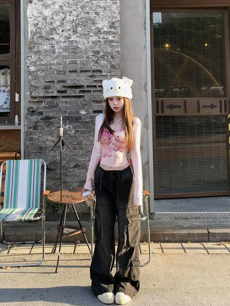 Sanrio Hello Kitty Розовые графические футболки с длинным рукавом в японском стиле