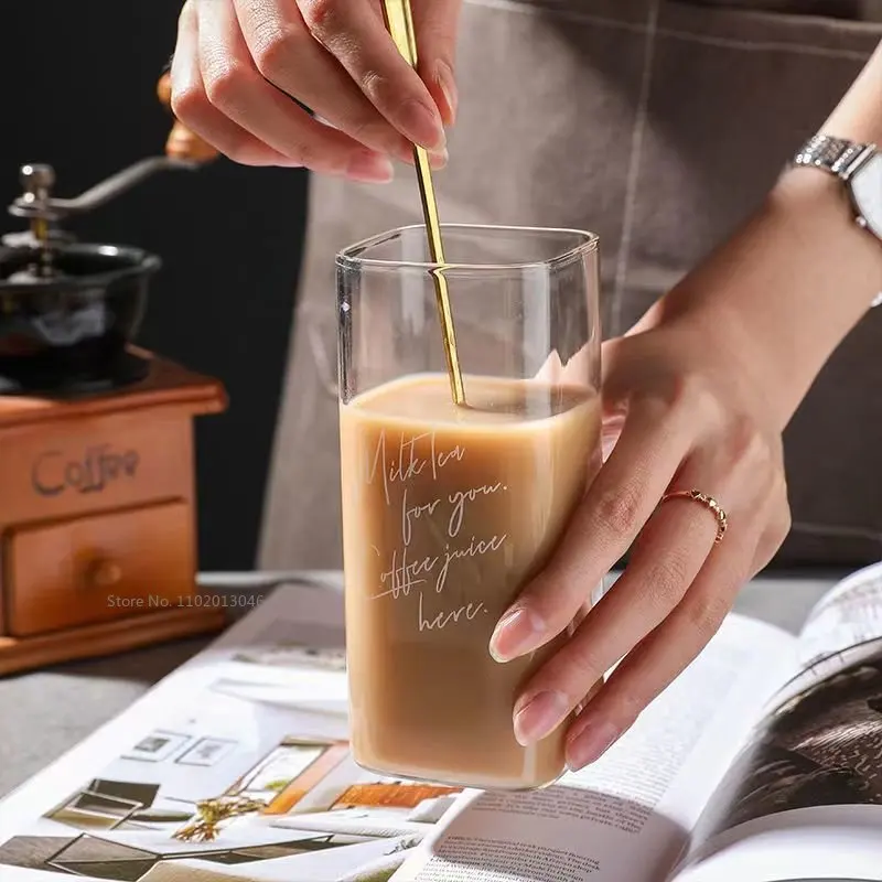 

Ins High Temperature Resistant Glass Square Cup Water Cup Small Fresh Glass Home Breakfast Cup Milk Coffee Cup 250/400Ml