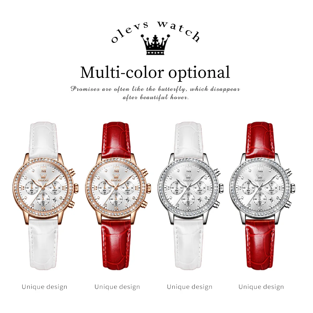 OLEVS 9933 Fashion Quartz Women Wristwatches Complication Simple Diamond PU Strap Waterproof Watch for Women Chronograph enlarge