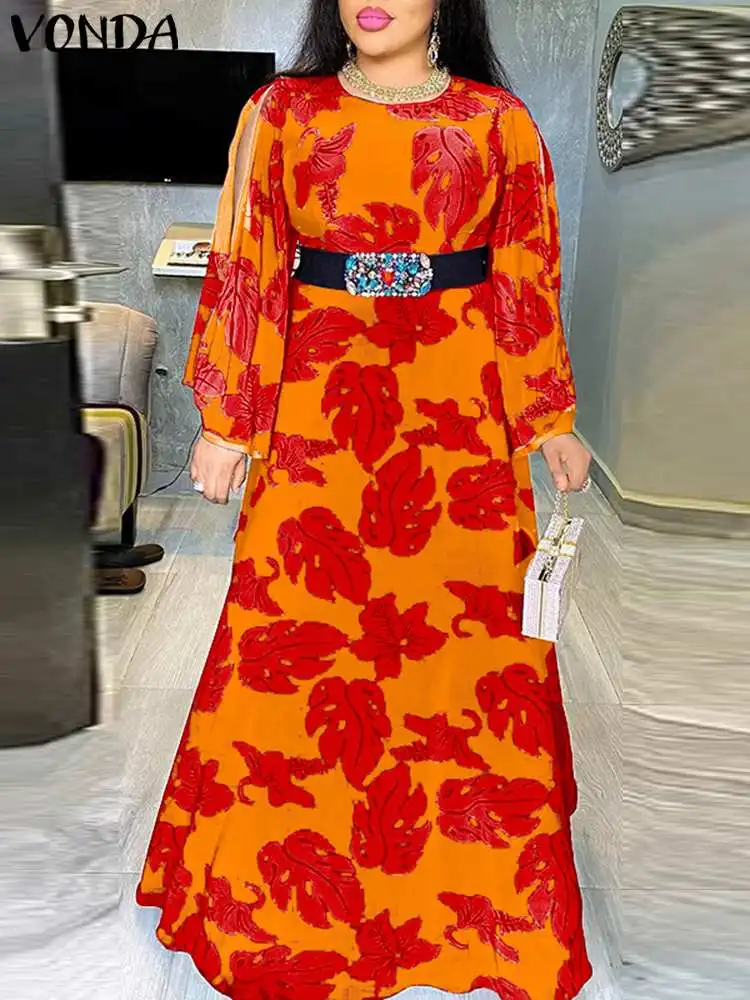 VONDA Plus Size 5XL Summer Sexy Flare Sleeve Maxi Dress 2022 Women Bohemian Casual O Neck Printed Long Sleeve Party Sundress