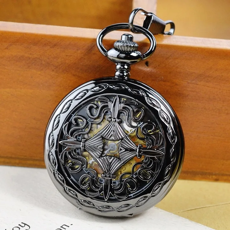 Luxury Mechanical Black Pocket Watch for Men Women Hollow Skeleton Dial Roman Dial Fob Chain Pendant Clock for Collection Gift