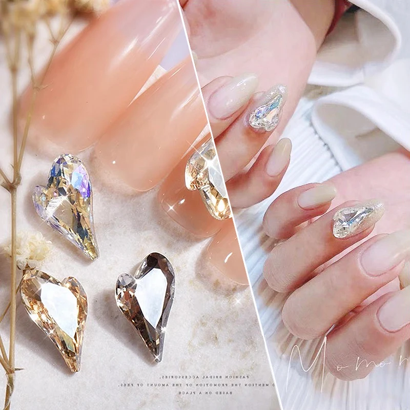 

9x14mm Long Crooked Heart Nail Art Rhinestone Pointed Bottom K9 Crystal Glass Luxury Manicure DIY Decoration 10/30pc