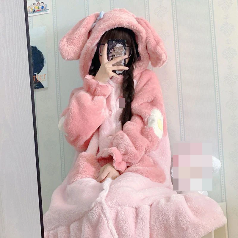 Winter Flannel Kawaii Robes Coral Fleece Pajamas Thick Warm Cute Pijamas Women Home Wear Pink Sweet Hooded Nightgowns Nightwear