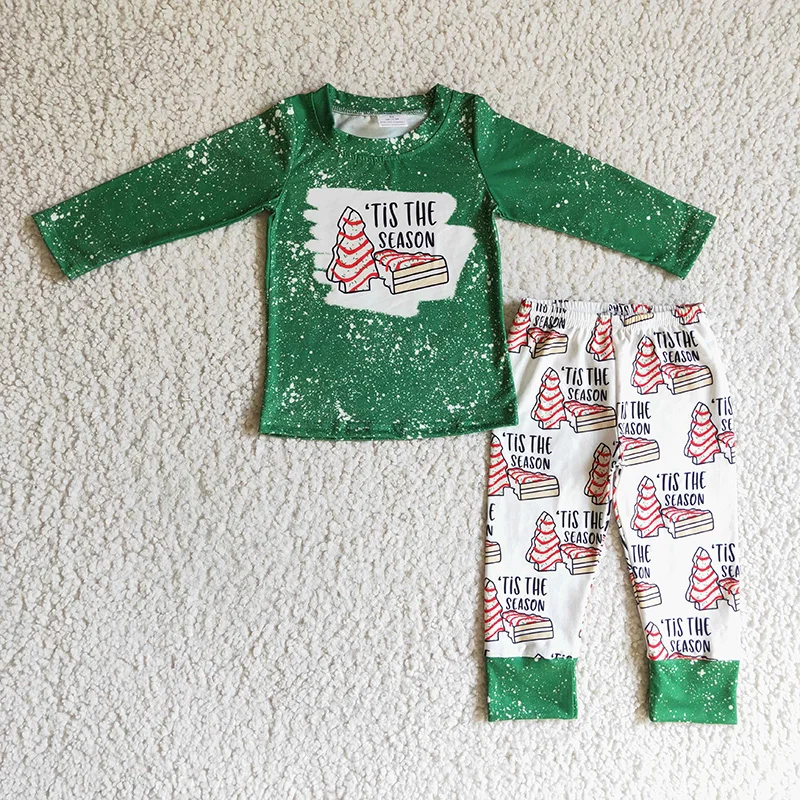

Wholesale Infant Kid Set Children Pajamas New Clothes Baby Boy Christmas Tree Cake Green Long Sleeve Tis The Season Shirt Pants