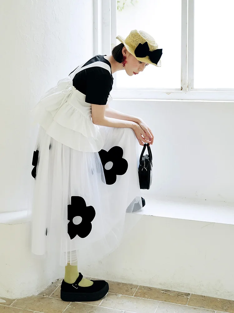 

imakokoni2022 original flower white gauze skirt Japanese outer wear suspenders female white print skirt for women summer 223753