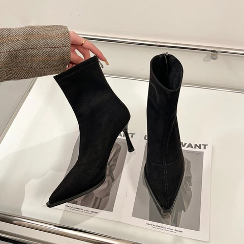 Женские ботильоны на высоком каблуке с острым носком, элегантная обувь для танцевальных вечеринок, весна-осень 2026, женские эластичные тонкие короткие ботильоны