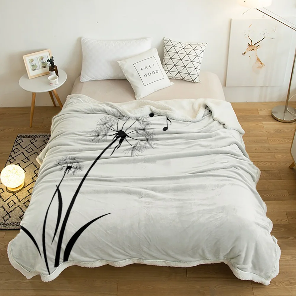 

Black Musical Note Dandelion Plant Seed White Black Cashmere Blanket Thick Winter Bed Lamb Blankets Office Sofa Bed Bedspread