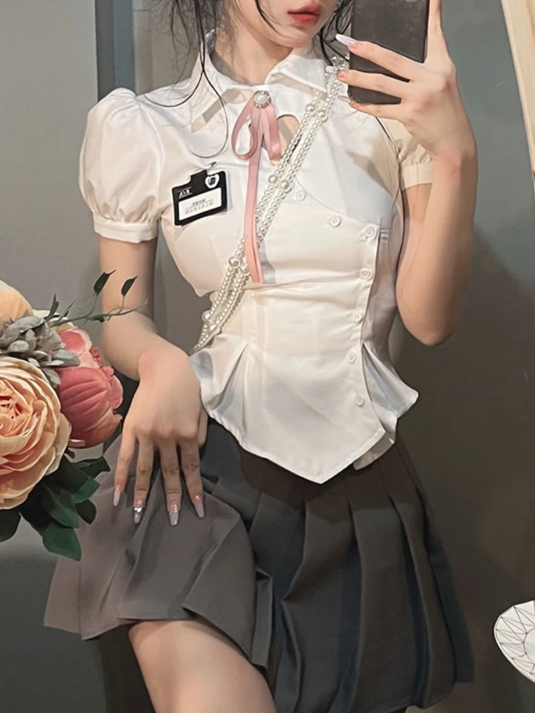 

HOUZHOU Korean Slim White Shirt Tunics Woman Sexy Heart Hollow Out Cute Puff Sleeve School Shirt Preppy Style Tops Jk Uniform