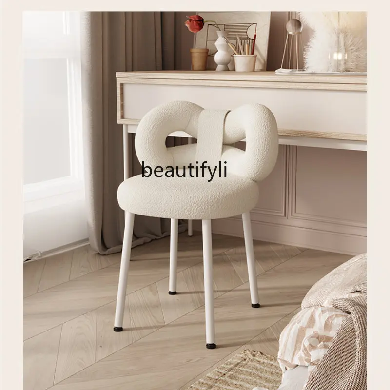 

yj Cream Style Cosmetic Chair Lambswool Makeup Stool Bow Dressing Stool Backrest Chair