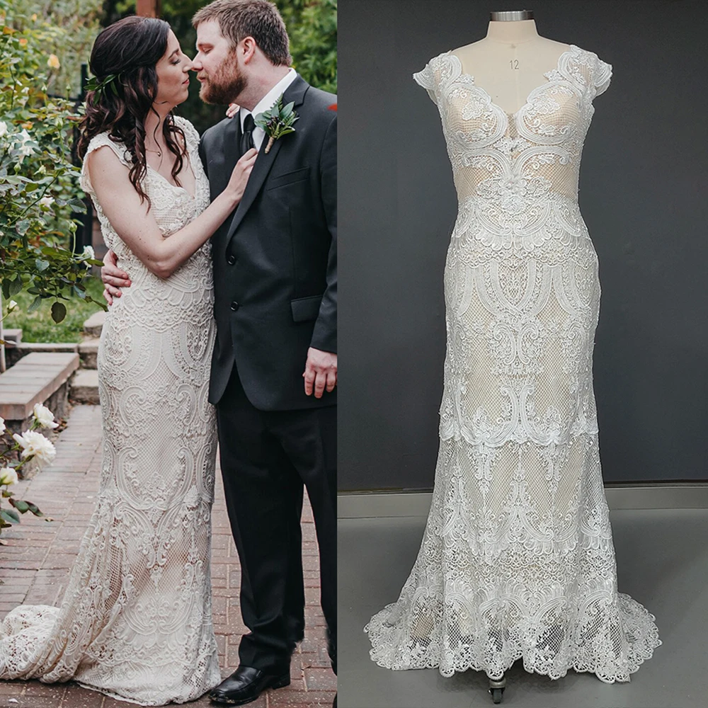 

Real Photos Boho Cutout Lace Short Cap Sleeves Wedding Dress Custom Made Plus Size Rustic Mermaid Garden Maxi Long Bridal Gown