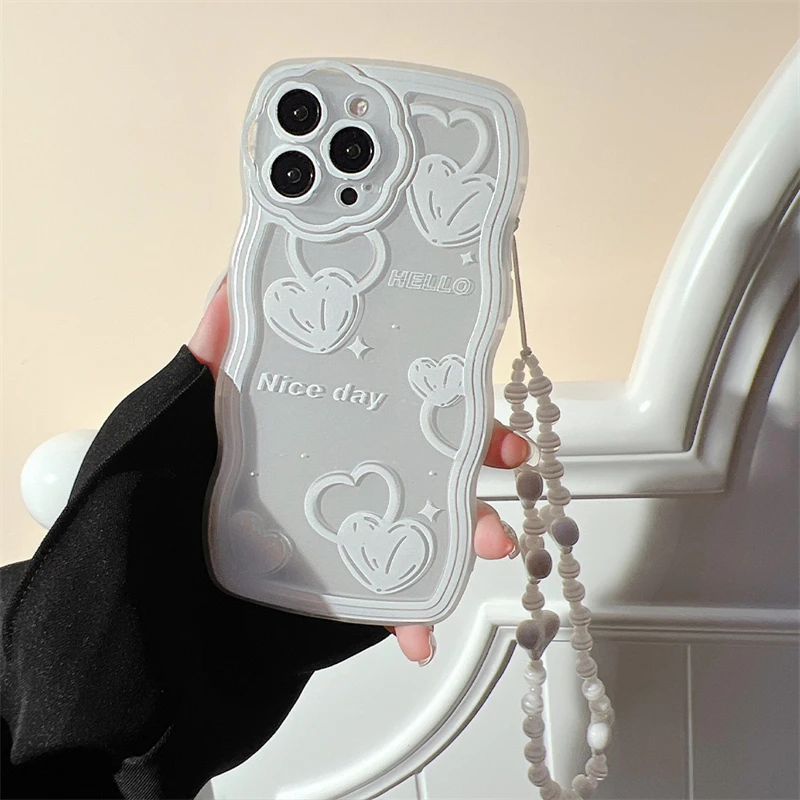 

White Heart Shaped Lucency Clear Covers Wavy for Iphone 14promax 13promax 12promax 14pro X XR XS Max Sling Mobile Phone Cases