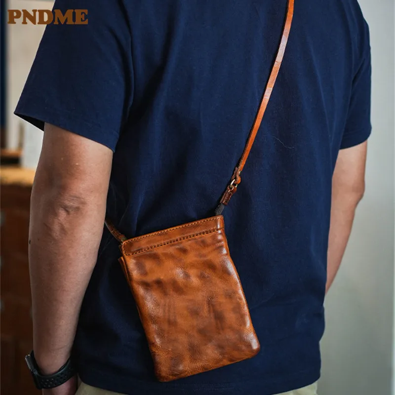 PNDME vintage fashion luxury designer real cowhide men's small phone bag organizer genuine leather teen outdoor crossbody bag