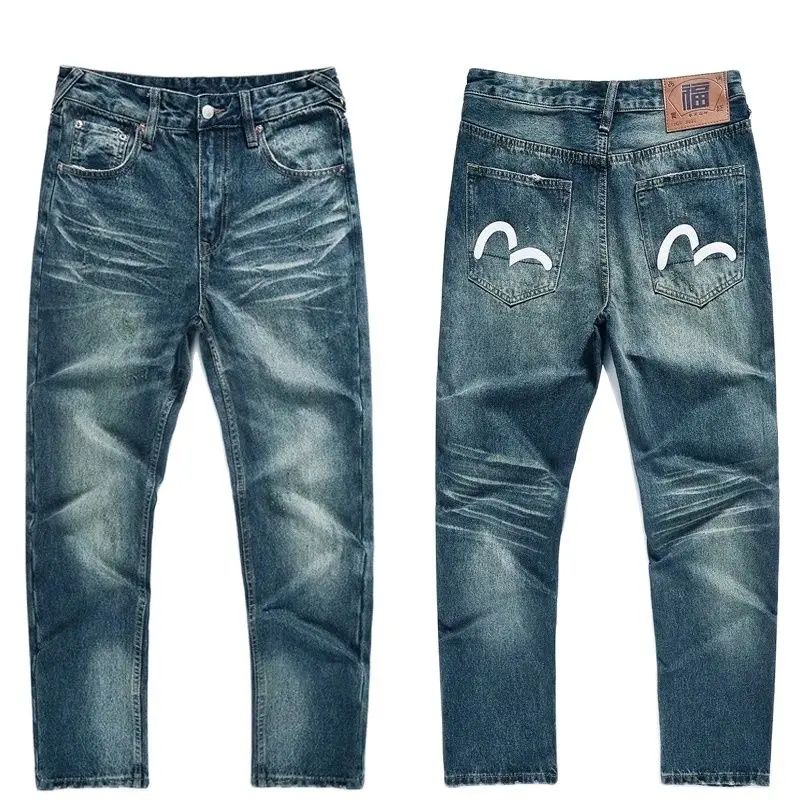 Джинсы мужские с вышивкой ручной работы прямые штаны из чистого хлопка в стиле