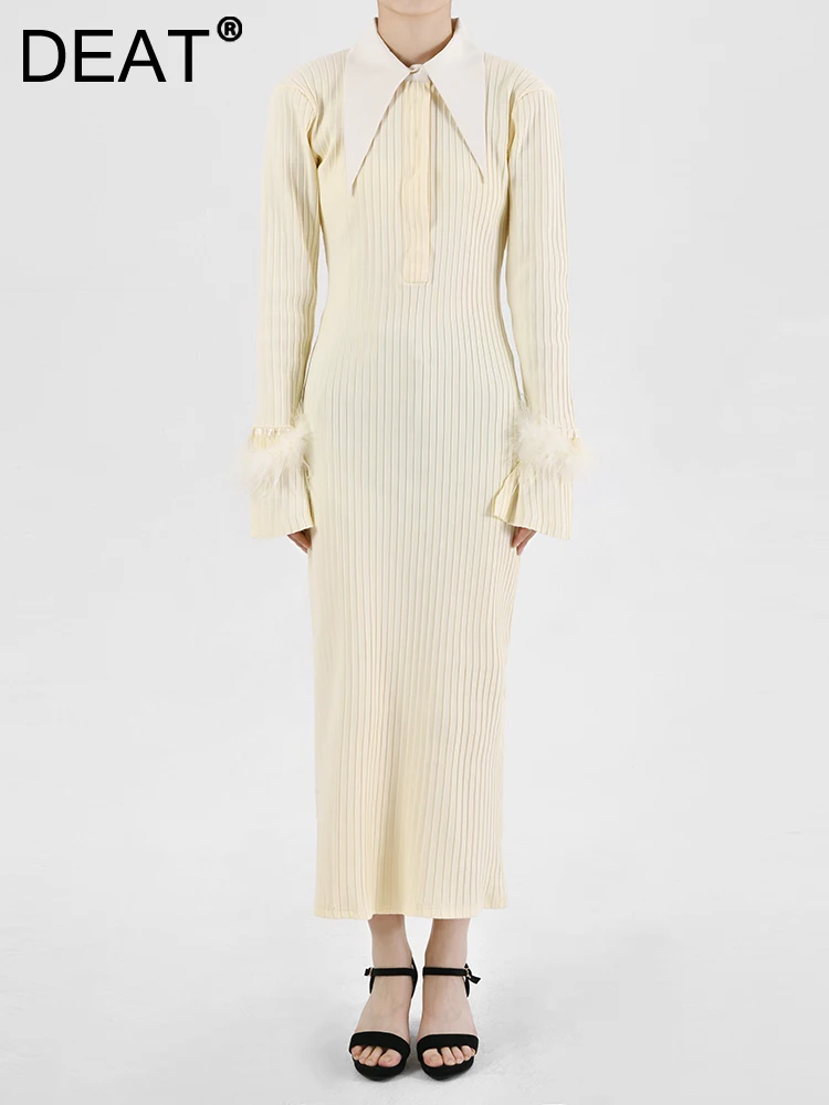 

DEAT Fashion Women Knited Dress Lapel Single Breasted Flare Sleeve Feather Spliced Ankle-length Dresses Autumn 2023 New 13DB1636