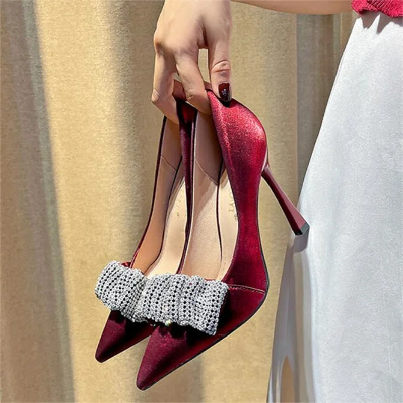 

Pearl Mercerized Material Pointed Toe Stiletto High Heels Women's Pumps Slip On Party Wedding Shoes Plus Size 41 10CM