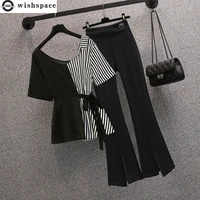 summer new elegant womens pants set black and white stripe chiffon top pants two piece set female tracksuit leisure blazer
