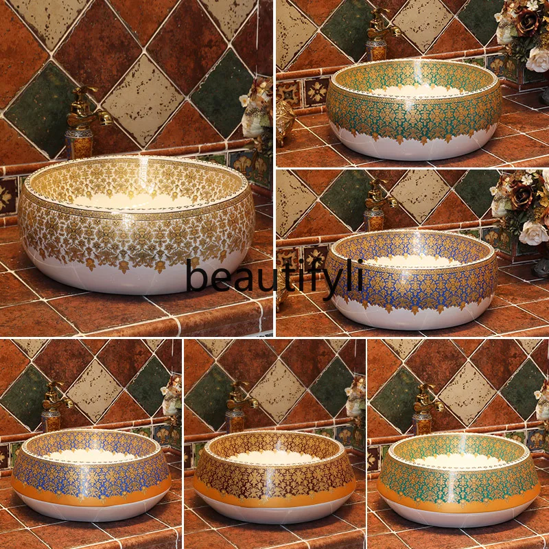 Европейская художественная настольная раковина круглая керамическая для ванной